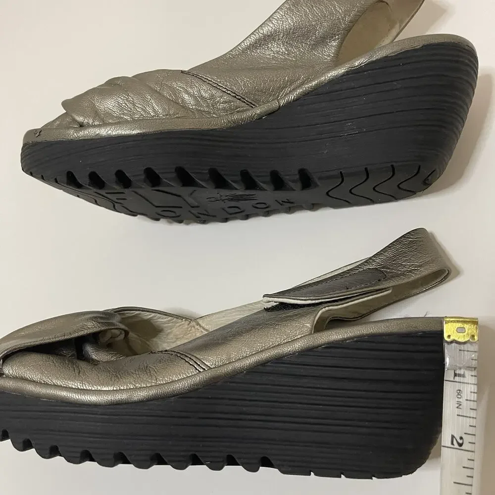 FLY London champagne metallic wedge sling back peep toe heels size 39